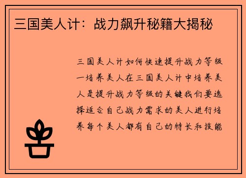 三国美人计：战力飙升秘籍大揭秘