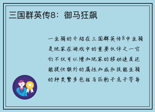 三国群英传8：御马狂飙