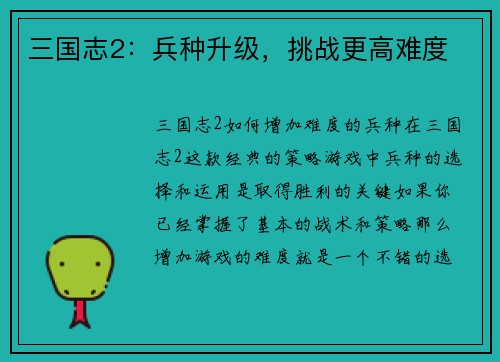 三国志2:兵种升级,挑战更高难度