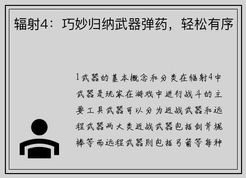 辐射4：巧妙归纳武器弹药，轻松有序